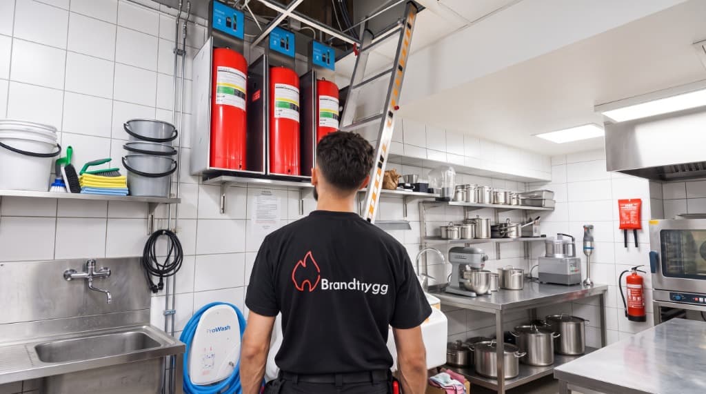 BrandTrygg-tekniker i ett storkök med kökssläcksystem